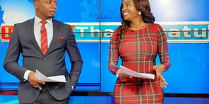 Inooro TV anchor Ken Wa Kuraya and his co-host at the Inooro TV studios on January 11, 2020