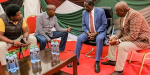 From left: Narok Senator Ledama ole Kina, Kajiado Governor Joseph ole Lenku, ODM leader Raila Odinga and Narok Governor Kuntai ole Tunai at a delegate's Building Bridges Initiative meeting in Narok County on Friday, February 21, 2020