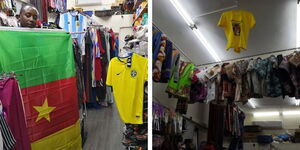 A Collage of Bernard Wanjiku in his shop and a section of the merchandise in the shop