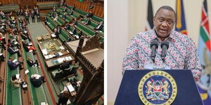 A Collage of the House of Commons in the British Parliament and President Uhuru Kenyatta (right)