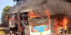 A Modern Coast bus and a car burst into flames at Bendera center along Chavakali - Kapsabet Road on Monday, December 27, 2021.