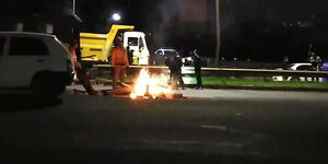 A bonfire lit along Thika Road on the night of Sunday, April 18, 2021.