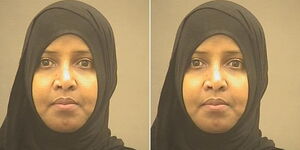 A collage of a booking photo of Farhia Hassan at the Alexandria Sheriff's Office