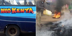 A bus belonging to Neo Kenya Mpya Bus Company (Left) and man attempting to put off fires in Murang'a