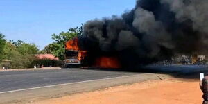 A bus burst into flames in Voi Taita Taveta County on Saturday, January 28, 2023