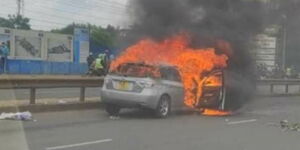 A car burning along Thika Superhighway on the morning of Tuesday, March 2, 2021.