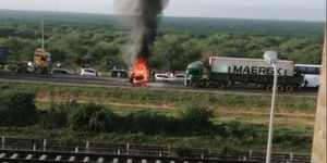 A car bursts into flames along Nairobi - Mombasa Highway on Saturday, December 25, 2021.