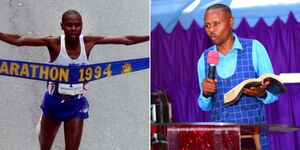 A collage  of athlete turned pastor Cosmas Ndeti on the tracks (left) and in church (right)