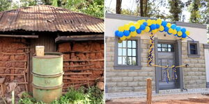 A collage of Njuki's old house (left) and a new one gifted to him (right).