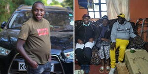A collage of Graphic designer Kevin Kagwe (left) and Deputy President Rigathi Gachagua (in yellow pants) with members of his family