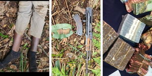 A collage of weapons recovered from two suspects recovered from suspected armed robbers who engagedofficers in a shootout in Murang'a county on March 12, 2023.