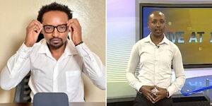 A collage of BBC journalist Anthony Irungu Mwangi posing for a photo