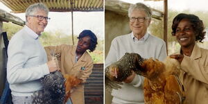 A collage of Bill Gates (left) and Mary Mathuli (right) holding chickens in Makueni County in 2022