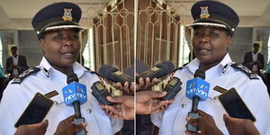 A collage of Bomet County Police Commander Esther Seroney addressing the media in Homa Bay in 202..jpg