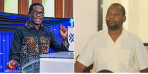 A collage of CA Director General Ezra Chiloba (left) and Pastor Paul Mackenzie (right) 