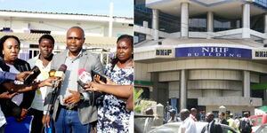 A collage of Chuka MP Patrick Munene (left) speaking to journalists on January 31, 2024 and the entrance of the NHIF head office in Nairobi (right)