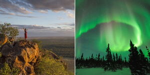 A collage of Chyulu Hills in Kenya (left) and the Northern Lights in Canada (right)