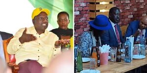  Name A collage of DP Ruto (left) and Azimio One Kenya flagbarer Raila Odinga and Martha Karua having lunch at a popular fish joint on May 16, 2022.