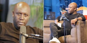 A collage of Dennis Okari on his podcast show.