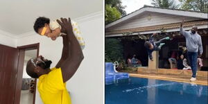 A collage of Dennis Ombachi and his son