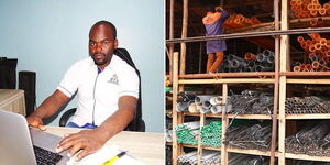 A collage of Earnest Mburu founder of KPFC Builders (left) and an employee at work (right)