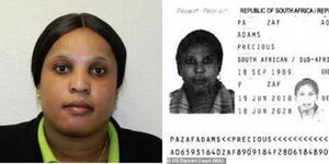 A collage of Florence Mwende and one of the fake passports she used to open new accounts in a Ksh113 million love scam. scam.