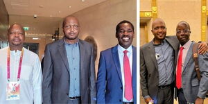 A collage of Gatundu South MP Moses Kuria , Health CS Mutahi Kagwe and Agriculture CS, Peter Munya (left) and Kuria with Raila Odinga Junior (right) attending the GCC meeting in Dubai onor a photo in Dubai on Februa