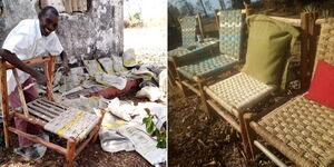 A collage of Joel Oenga from Kwale County making furniture from waste in the ocean