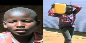 A collage of KCPE candidate Paul Junior carrying a jerrican of water