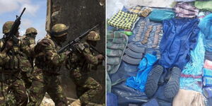 A collage of KDF soldier during a past operation (left) and items recovered from Al Shabaab in November 2023 (right)