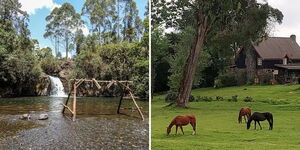 A collage of Kathiri falls (left) and castle forest lodge (right) in Kiriyanga county