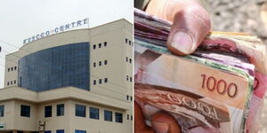 A collage of Kenya Union of Savings & Credit Cooperatives (KUSCCO) Offices in Upperhill (left) and a person holding Kenyan notes (right)