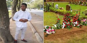 A collage of Kevin Kipyegon and a grave 
