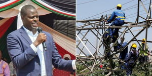 A collage of Kiharu MP Ndindi Nyoro (left) and employees from Kenya Power at work (right)