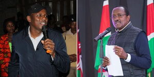 A collage of Kikuyu MP Kimani Ichung'wah on July 27, 2023 (left) and former Vice President Kalonzo Musyoka at an event on July 27, 2023 (right)