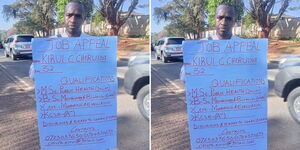 A collage of Kirui Cheruiyot a graduate appealing for a job on the streets of Nairobi in January 2023