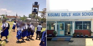 A collage of Kisumu girls students (left) and the entrance at the school (right)