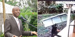 A collage of Murang'a Governor Irungu Kang'ata (left) and a screengrab of a man stealing a bench from Muranga level 5 hospital (right)