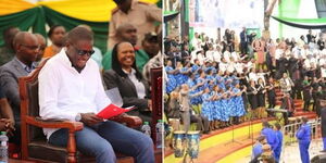 A collage of Nairobi Governor Jonhson Sakaja on March 4, 2023 (left) and a section of the live choir at Bomas of Kenya in August 2022 (right)