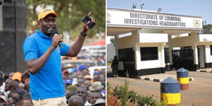 A collage of Nairobi Senator Edwin Sifuna (left) and the entrance at the DCI headquarters along Kiambu road (right)