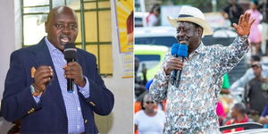A collage of Nand Senator Samson Cherargei (left) and Azimio Party leader Raila Odinga (right)
