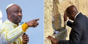 A collage of Nigerian Pastor and self proclaimed prophet Primate Ayodele (left) and President William Ruto praying in Israel(right) 