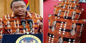 A collage of President Uhuru Kenyatta and a set of pillows that match his shirt.
