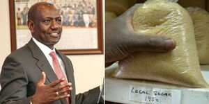 A collage of President William Ruto (left) and  a man shopping for sugar at a supermarket (right)