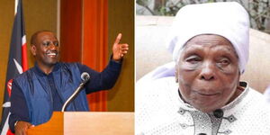 A collage of President William Ruto (left) and Dedan Kimathi's widow Mukami Kimathi (right)