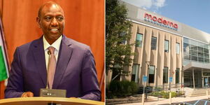 A collage of President William Ruto (left) and a Moderna Facility in the US