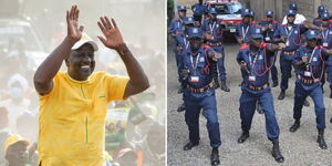 A collage of President William Ruto (left) during a campaign and several security guards (right) 