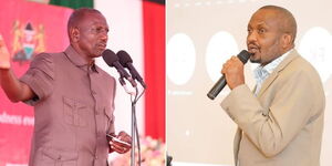 A collage of President William Ruto at an event (left) and Trade Cabinet Secretary Moses Kuria making a speech (right) in 2023
