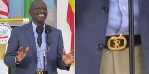 A collage of President William Ruto in  Stefano Ricci belt during a church service on November 26, 2023