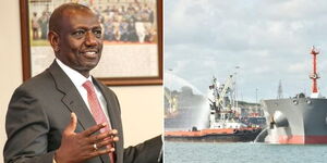 A collage of President William Ruto (left) and oil arriving at the port of Mombasa (right)